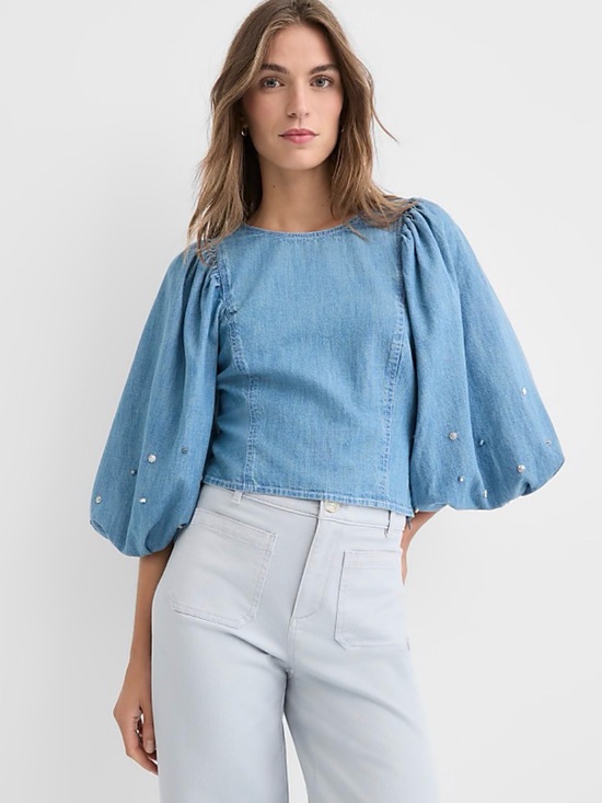 LOFT Tops - NWT LOFT Studded Chambray Puff Sleeve Blouse - Size 12